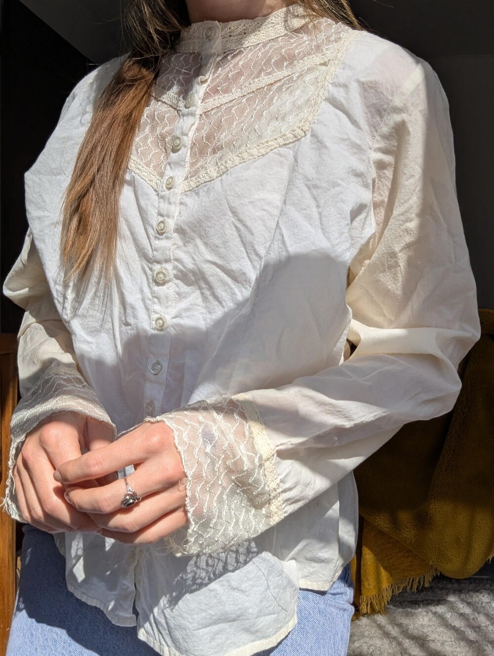 Vintage Aged Ivory Button Up Lace Cotton Blouse W/ Crochet Trim L